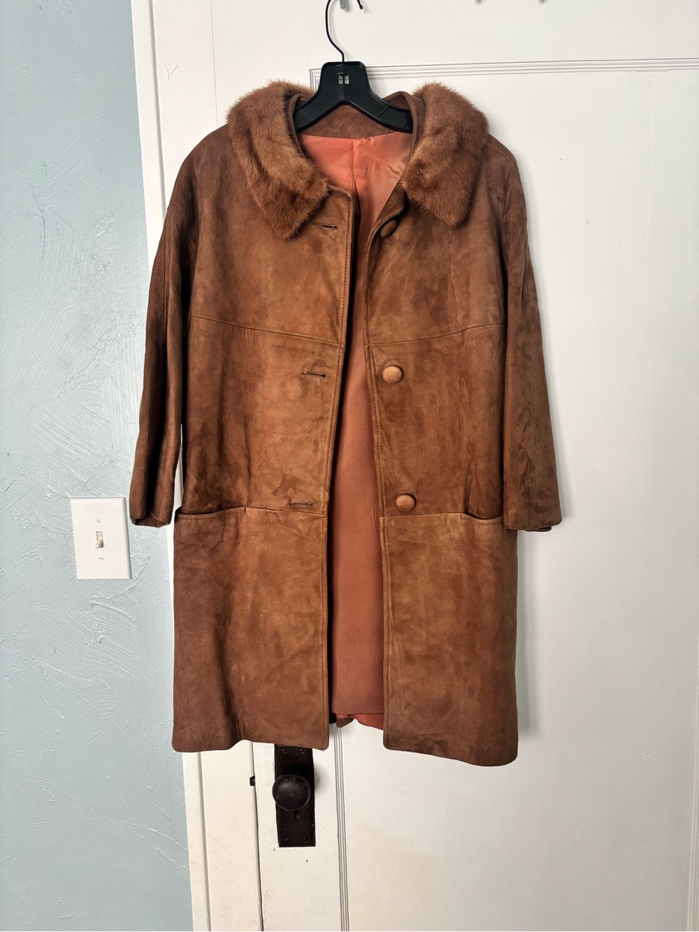Vintage Brown Suede Coat with Shearling Collar
